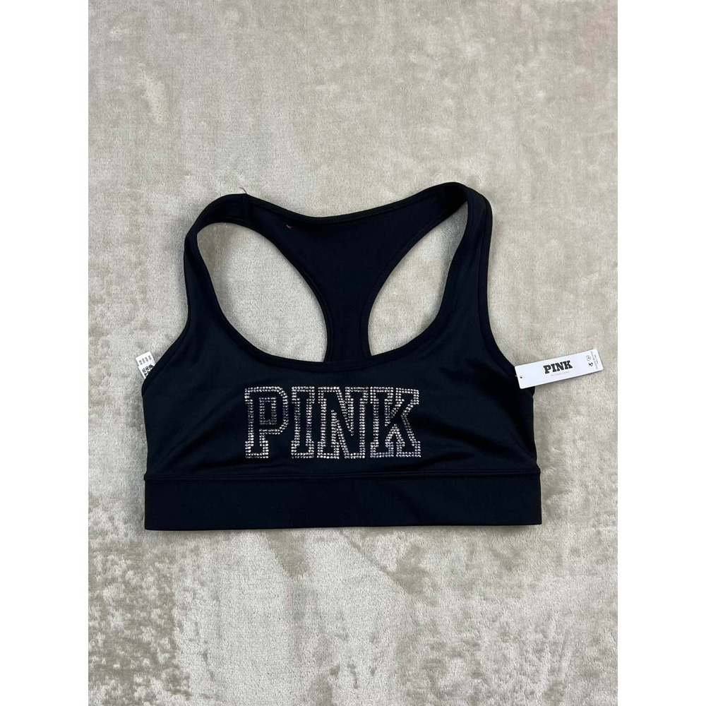 Victoria's Secret PINK Rhinestone Logo Racerback Sports Bra Black Small NWT
